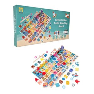 Joc Montessori din lemn 7 în 1 – Placă educativă cu litere, cifre, sortare forme și pescuit magnetic pentru copii 3+ ani