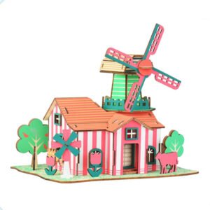 Puzzle 3D din Lemn Moară de Vânt „Tulips Ranch” – Model DIY Creativ, 82 Piese, Activitate Educațională pentru Copii 8+ și Adulți