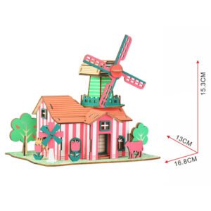 Puzzle 3D din Lemn Moară de Vânt „Tulips Ranch” – Model DIY Creativ, 82 Piese, Activitate Educațională pentru Copii 8+ și Adulți